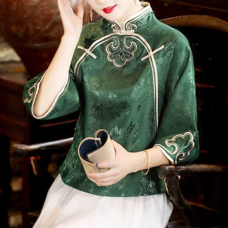 

New Fashion Top for Women's Retro Heavy Imitation Silk Buckle Tang Suit Trendy