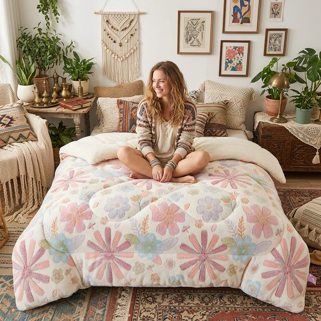 Cozy Floral Snowflake Quilt  Warm Winter Bedding for Bedroom and Guest Accommodation.