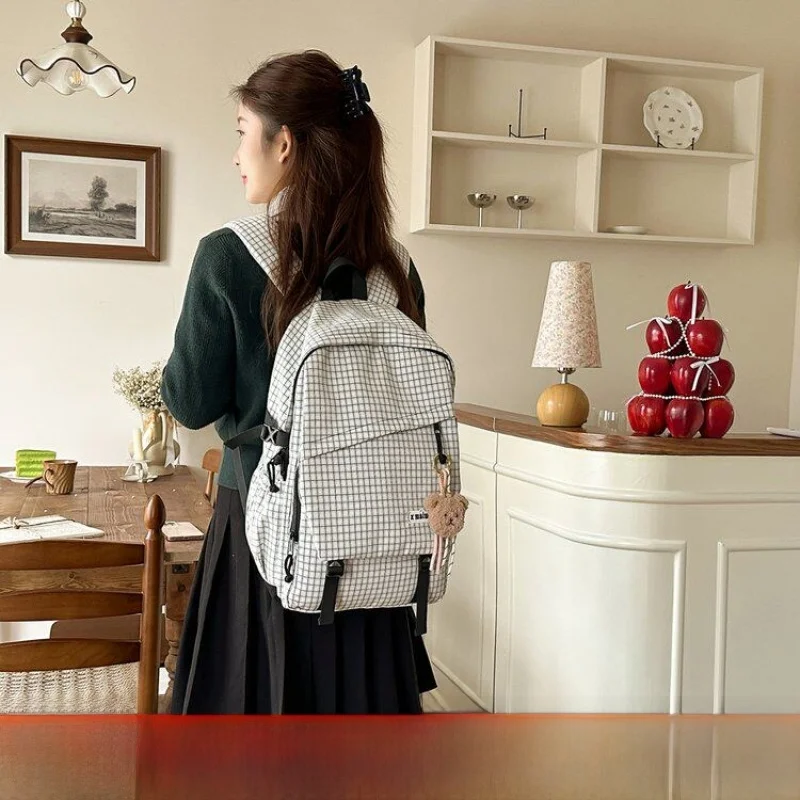 Lightweight Waterproof Plaid Backpack New Style for High School And College Women Travel Dual Shoulder Bag Commuter Nylon