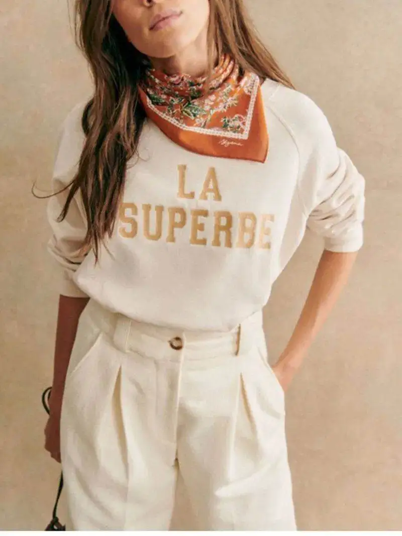 

3 Colors Women Cotton Sweatirt Letter Embroidery Casual Mid-Waist Ciwalk PVC Fabric Batwing Crop Top Sve Sle