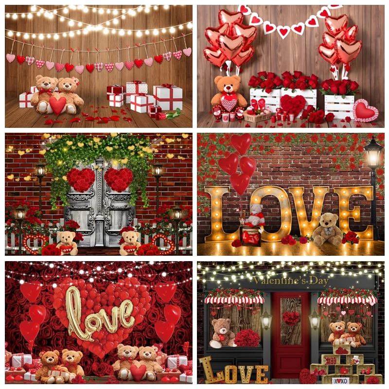 Sweet Love Bear February 14 Valentine's Day Backdrop Photography Rose Flowers Wedding Couple Portrait Background Photo Studio