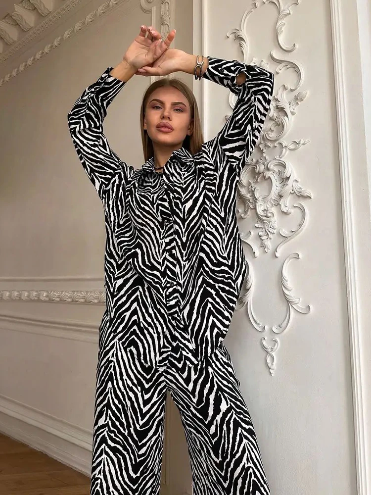 Hiloc Zebra Printing Pants Pajamas Sets Two Pieces Shirts And Pants Women Outfits Casual Wide Legs Pants Sleepwear Autumn 2024