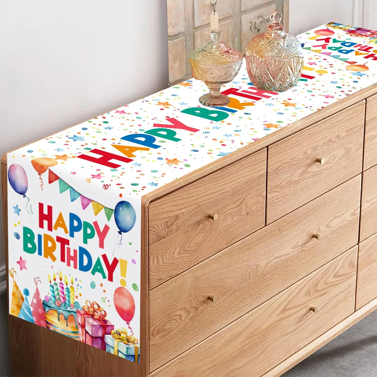 1pc Happy Birthday Party Polyester Table Runner with Colorful Balloons & Cake Design for Indoor/Outdoor Celebrations Home Birthd
