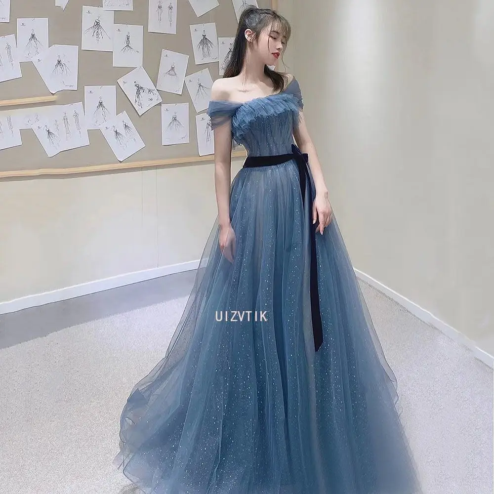 

Greydish Blue Long Formal Occasion Dresses Sweat Organza Off-Shoulder Prom Dress Women Princess Bridesmaid Evening Party Gowns