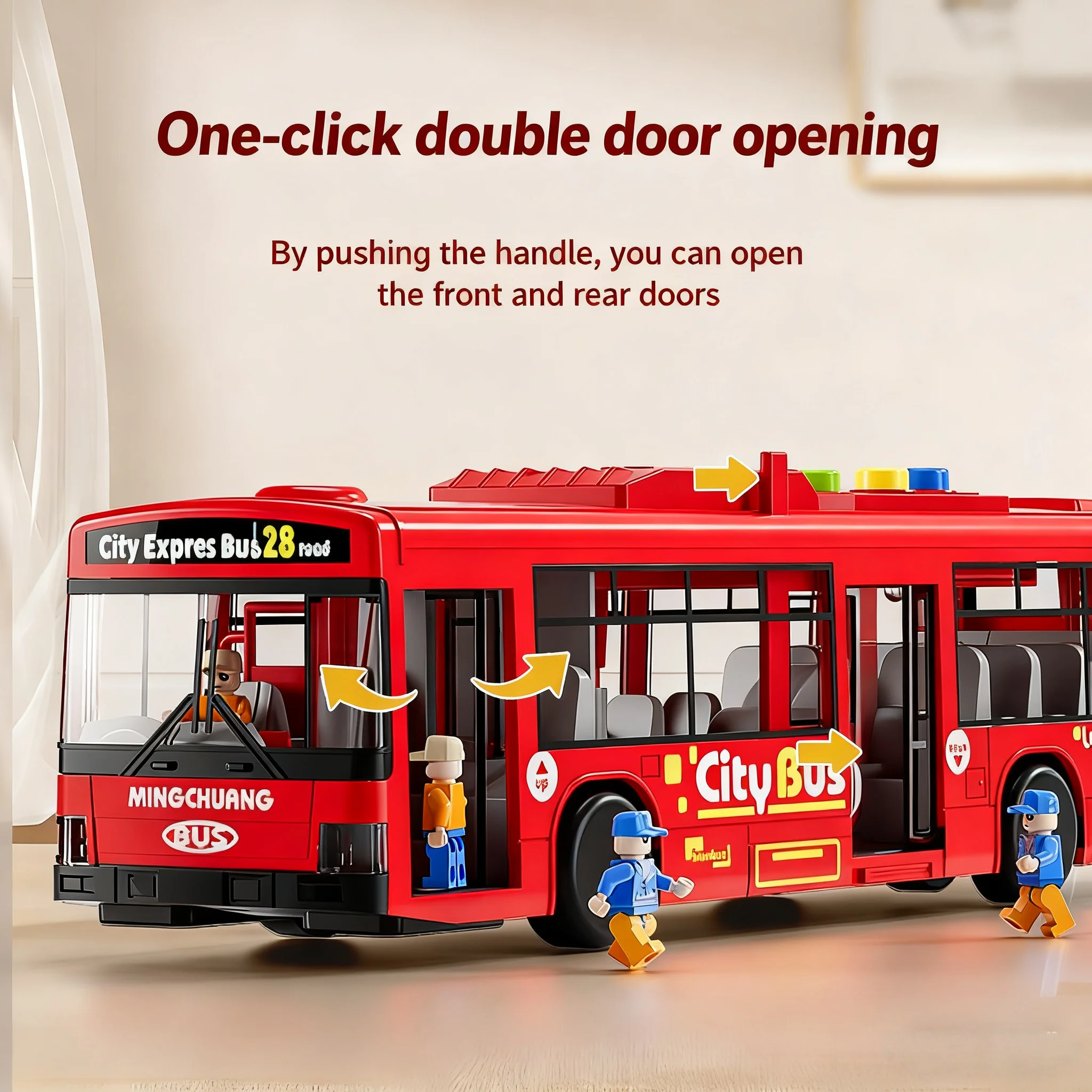 Brinquedo de ônibus de som e luz de liga, porta dupla, modelo de transporte da rota 54 |   Música + Luzes + Som Simulado do Motor |   Drop-resis