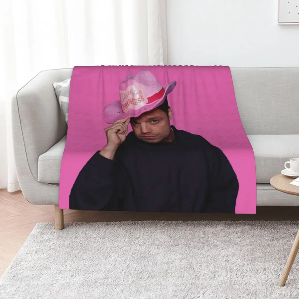 Yes Haw! Sebastian Stan with pink Birthday Princess Cowboy Hat Throw Blanket Custom Bed Polar Blankets