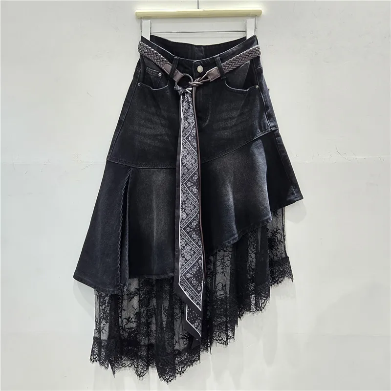 Sexy irregular renda emenda moda cintura alta a linha saia jeans menina outono versátil europeu americano personalidade saias