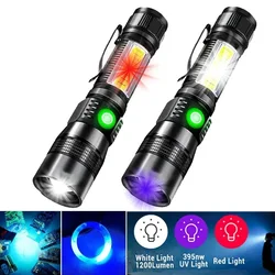 3 In 1 UV 365nm Flashlight Purple+White+RED Rechargeable Torch LED Zoom Waterproof Camping Light 7 Modes Pocket Clip Magnet Lamp