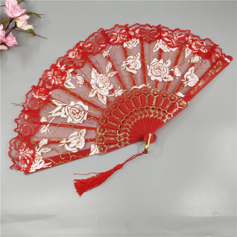 Damen Spitze Hand Fan Transluzenten Rose Spitze Falten Fan Flügel Chun Dance Spanisch Spitze Fan Geschenk Hochzeit Hause Dekorative Ornamen