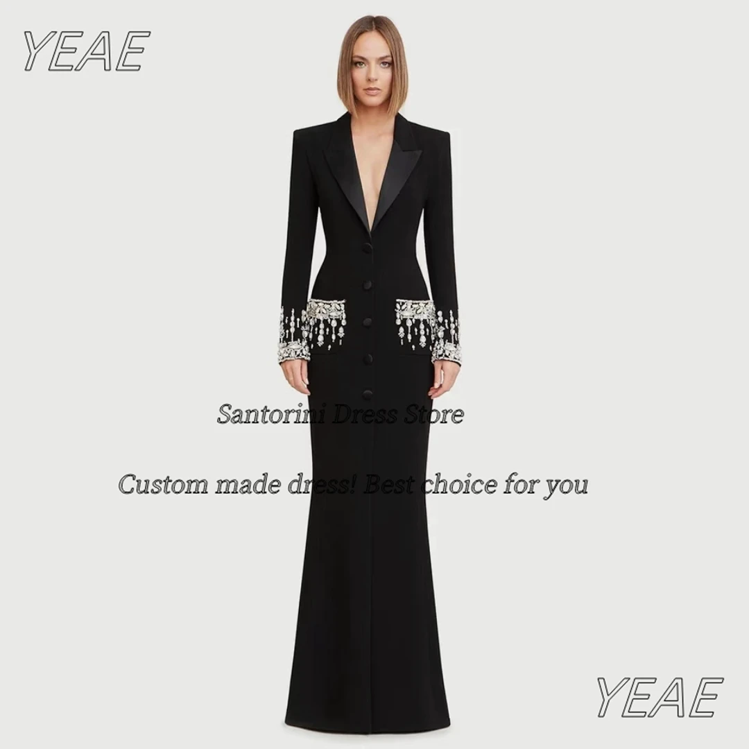 Santorini personalizado com decote em v vestidos de noite sob medida frisado mangas compridas vestido de baile botões fenda frontal vestidos des fiesta