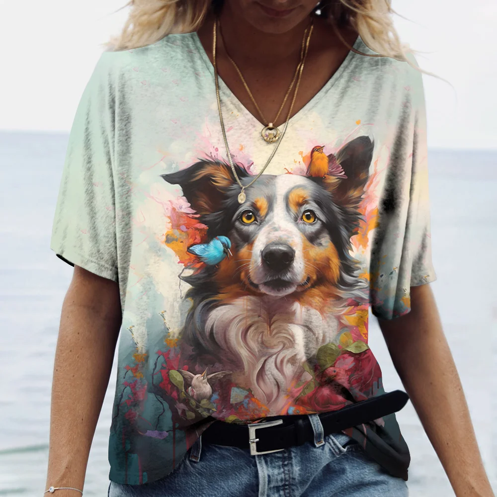 Cute Summer Clothing V-Neck Short Sleeve T-Shirts Plus Size T Shirt 3d Animals Printing Tops Casual Pullover Tee Women\'s Clothin