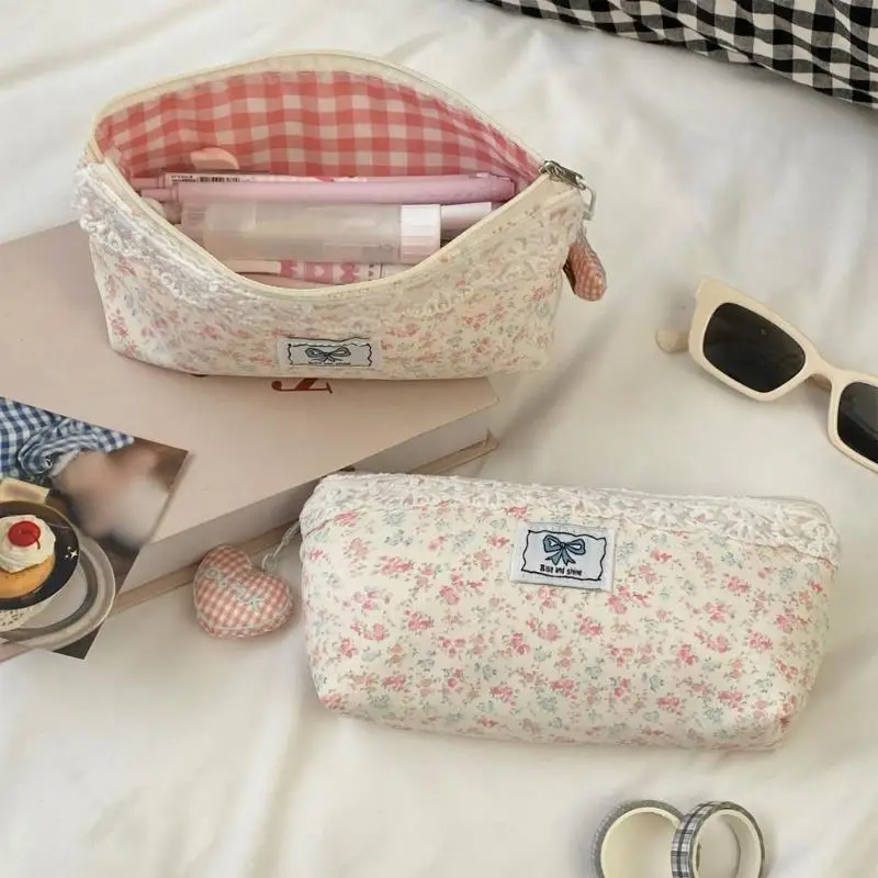 Pen Bag Lace Floral Pencil Organizers Large Capacity Pencil Case For Erasers Markers Scissors Storage