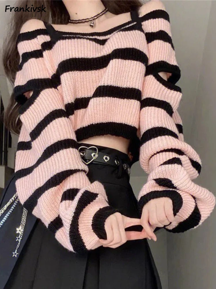 

Hollow Out Sweaters Women Off Shoulder Striped Hotsweet Y2K Japanese Style High Street Advanced Long Sleeve Spring Autumn Loose