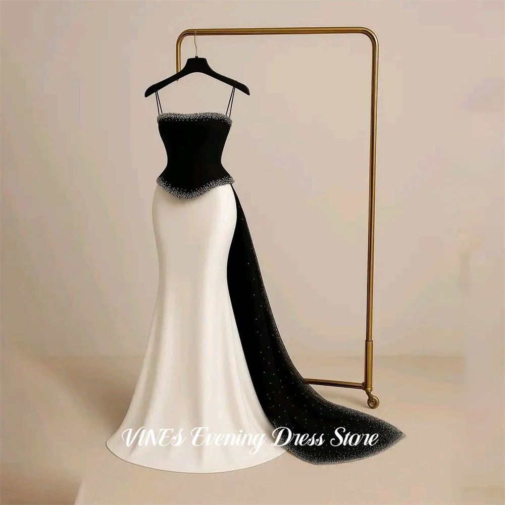 

VINES Black and White Evening Dress Spaghetti Straps Party Dress Mermaid vestidos de fiesta Beaded Trim Prom Gowns Customized