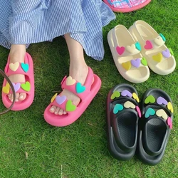 Cute Double Band Love Design Thick Sole Women Slippers Slides Bathroom Outdoor Beach Indoor Sandals Summer Couple Shoes