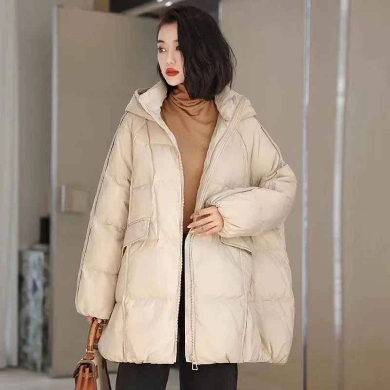 Jaqueta feminina 90% pato branco para baixo jaqueta com capuz outono inverno quente oversize puffer casaco casual solto grosso parkas feminino outwear