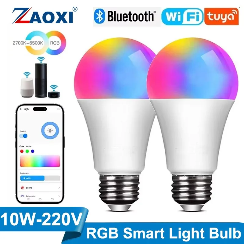 ZAOXI bohlam lampu LED 220V10W RGB + CCT, Smart Graffiti Bluetooth WiFi bohlam lampu kontrol aplikasi seluler kontrol suara Google Home Alexa