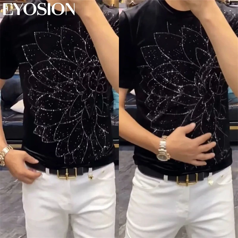 Summer Design Mens T-shirts Brilliant Rhinestone High Quality Mercerized Cotton Short Sleeves Tops Slim Fit Round Neck Tee