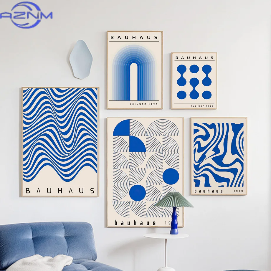 AZNM Mid Century Modern Blue Bauhaus Canvas Paintings Abstract Geometry Wall Art Posters  And Prints for Living Room Home Decor