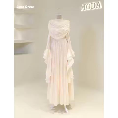 Lena Long Sleeves Prom Dresses 2025 Luxury Party Evening Dress Woman Custom Made Ball Gown Dress Round Collar Muslim Line A Gala