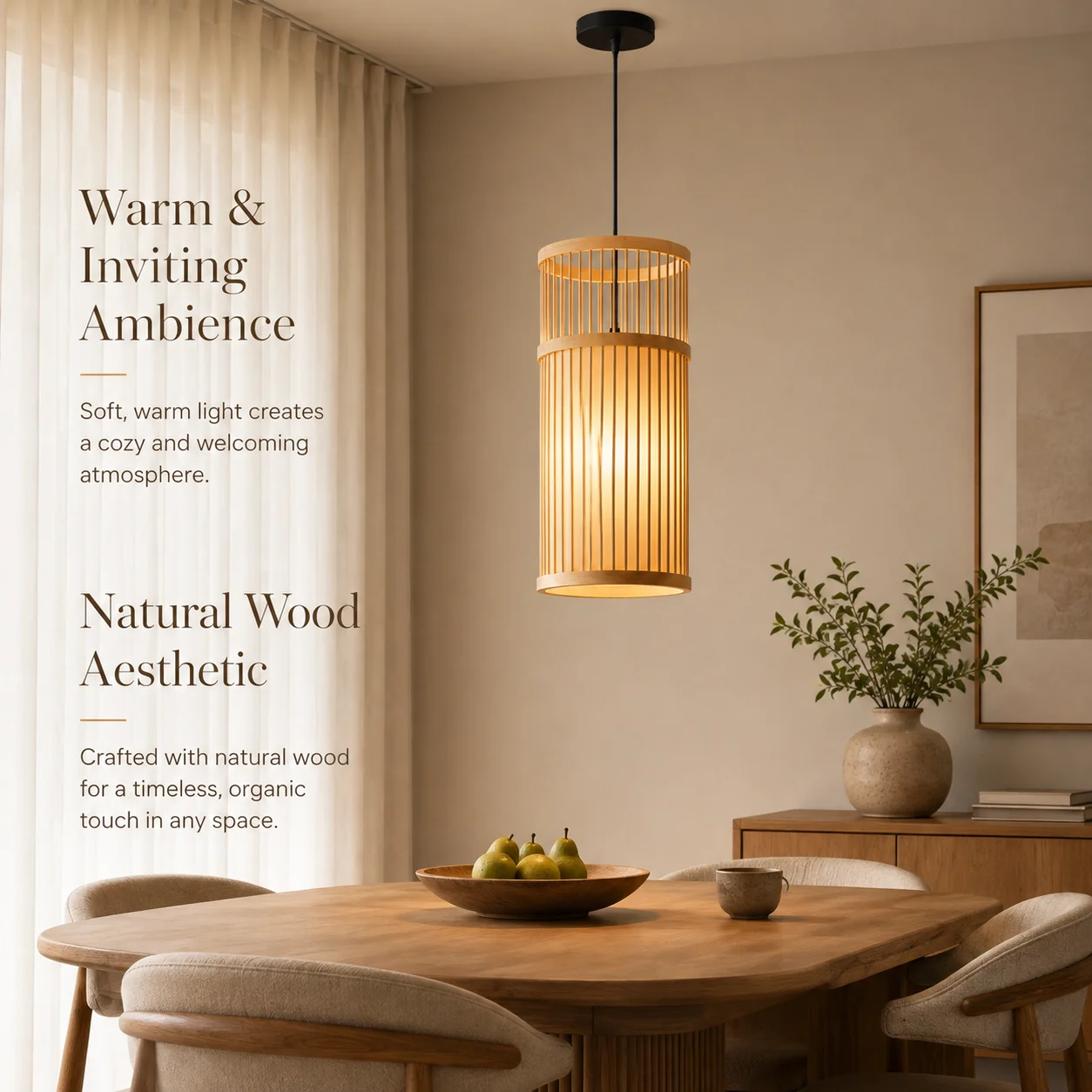 JOYINLED Cylinder Hanging Lamp with 150cm Cord for Kitchen Island, D18-H42cm Bamboo Metal Pendant Light for Dining Room, Bedroom