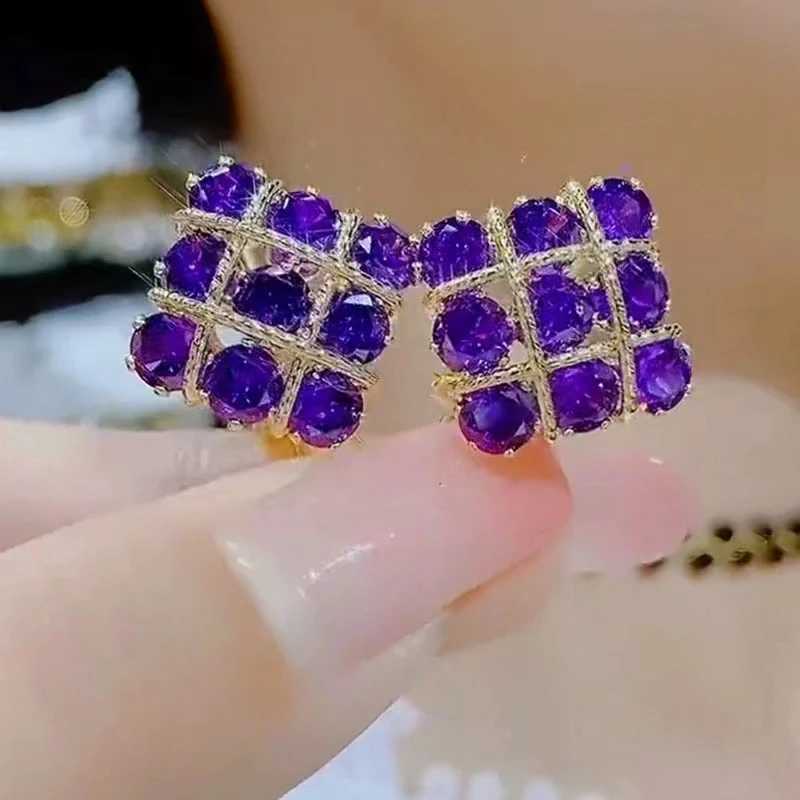 New Elegant Exquisite Purple Zircon Square Stud Earrings for Women Fashion Personality Ladies Wedding Party Premium Gift Jewelry