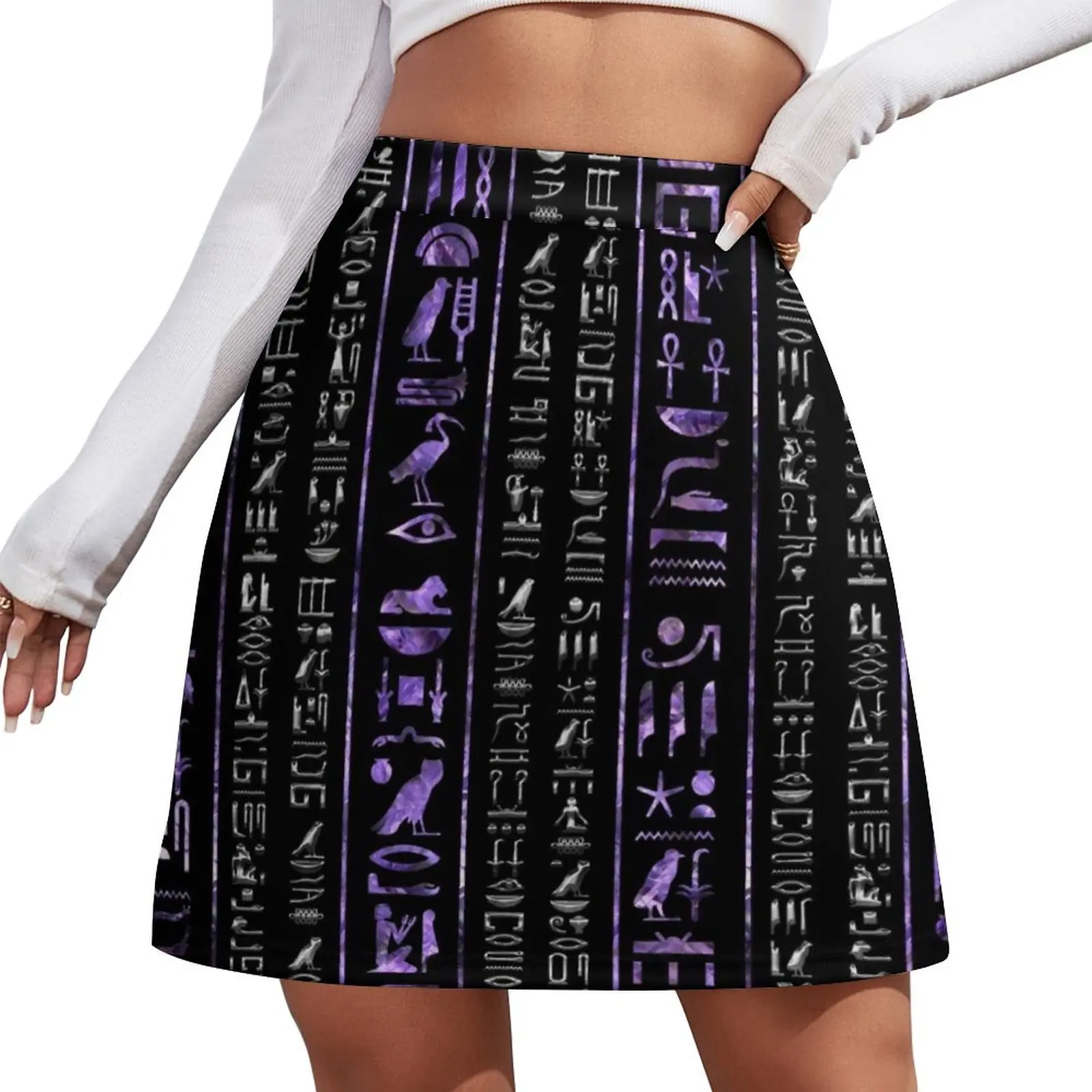 

Amethyst and Silver Egyptian hieroglyphics pattern Mini Skirt Kawaii girls skirt women's stylish skirts