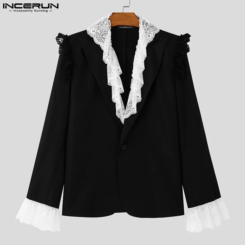 Sexy Fashion Style Tops INCERUN New Men's Agaric Laces Contrast Suit Coat Party Shows Male Personality Long Sleeved Blazer S-5XL - Image 2