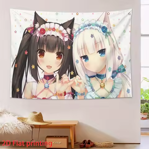 Anime Cat Girls Tapestry Kawaii Japanese Cartoon Wall Hanging Cute Maid Outfit Chibi Characters Room Decor Otaku Gift Idea