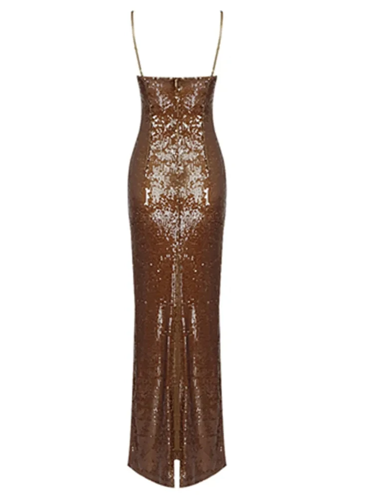 Women’s Sexy Sleeveless Backless Mesh Sequins Brown Bodycon Maxi Long Prom Dress 2024 Summer Elegant Evening Party Dresses