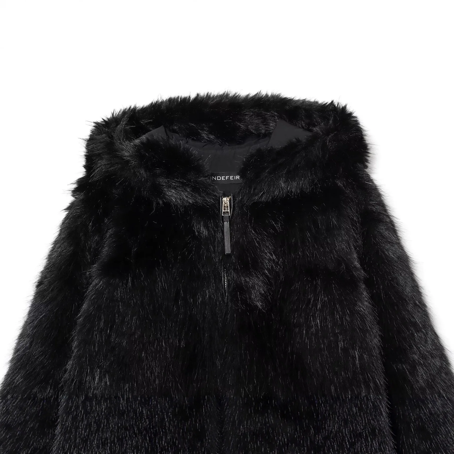 أسود المرأة معطف الفرو الاصطناعي الشتاء نمط جديد فروي هود يندبروف صديقة للبيئة الفراء سترة للإناث سميكة سستة معطف فرو Ladymink
