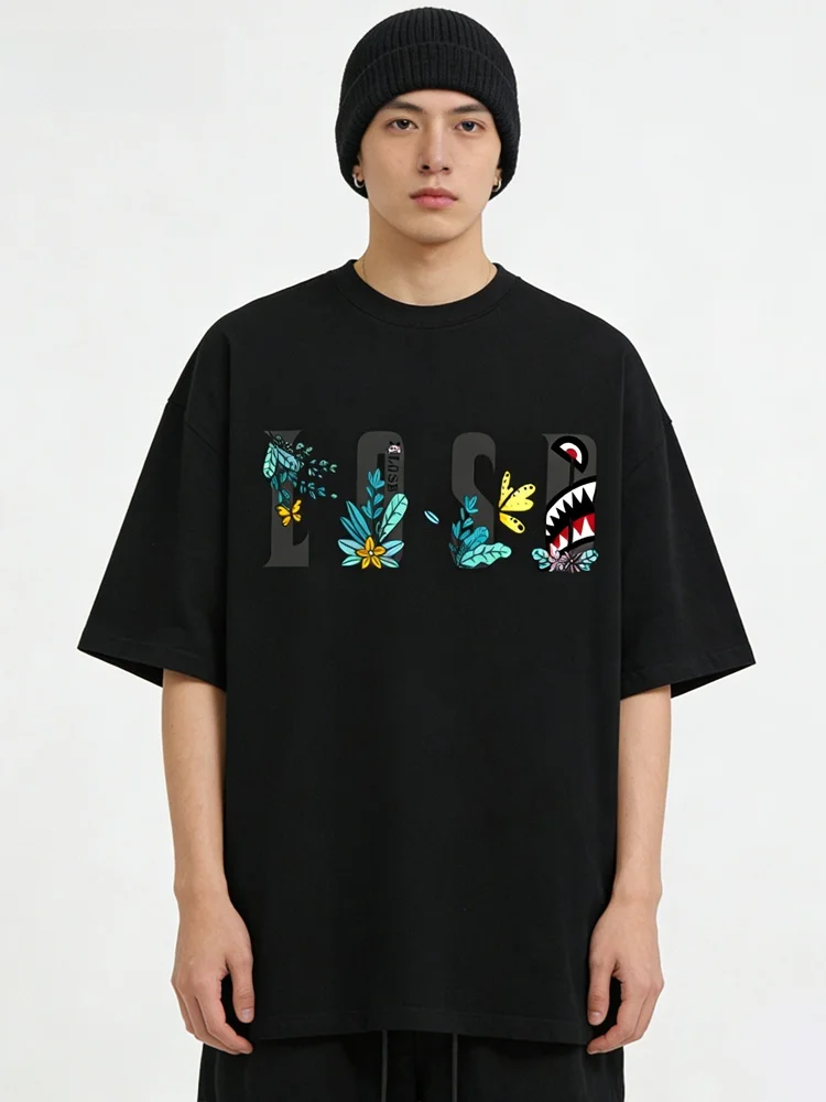 Camiseta de Manga Corta Estilo Americano Losb, Unisex, Corte Holgado, Estampado de Boca de Tiburón, Ropa Deportiva Cómoda de ...
