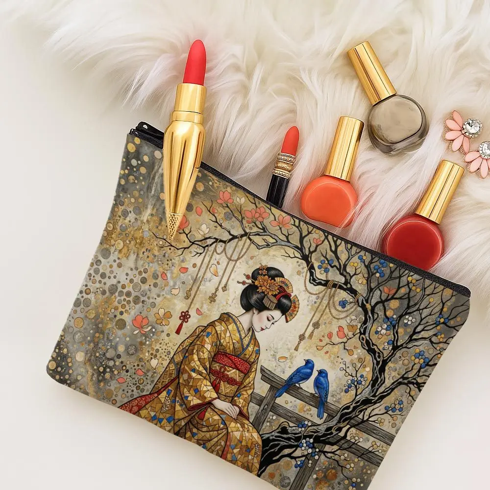 Traditional Japanese Ukiyo E Makeup Bag Gift Bag Geisha Kimono Blue Birds Cherry Blossom Tree Vintage Stylish Toiletry Bag