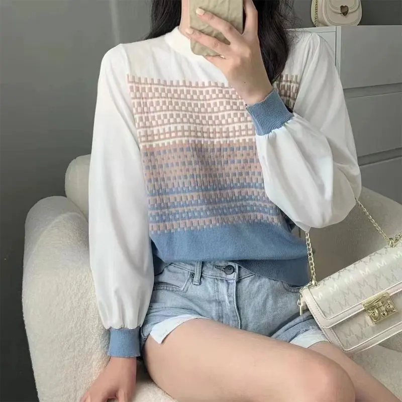 Fashion Plaid Gradient Knitted Shirt Women's Clothing Long Sleeve Commute Spring Autumn Casual Spliced Round Neck Loose Blouse