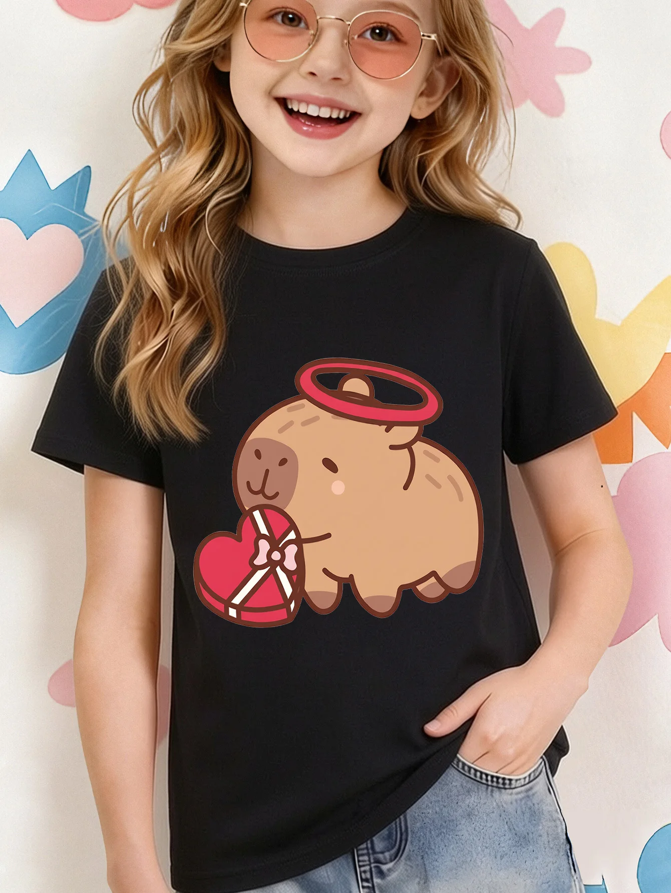 Angel Capybara Heart Gift Print Kids T Shirt Boys Girls Short Sleeve Crew Neck Cotton Festival Parent Child Matching Casual Tees