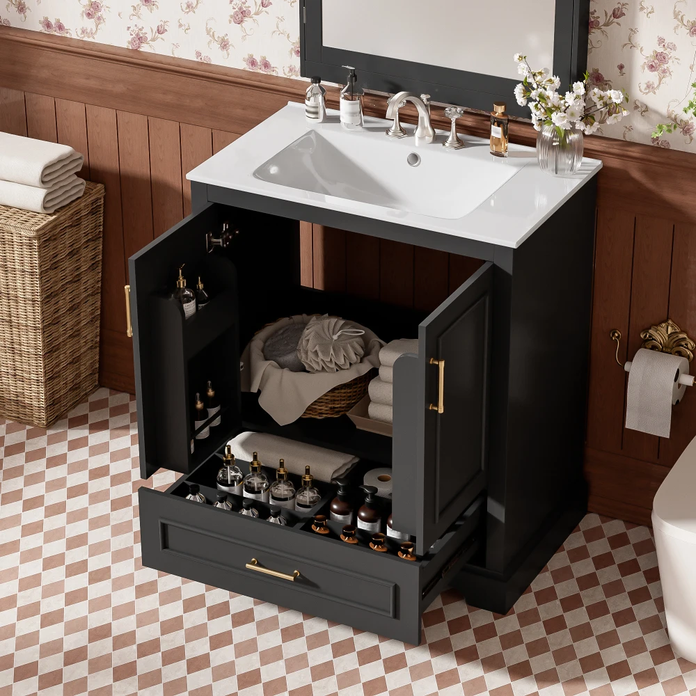 

30" Freestanding Bathroom Vanity: Sink, MDF/Solid Wood, 1 Divider Drawer, 2 Soft-close Doors