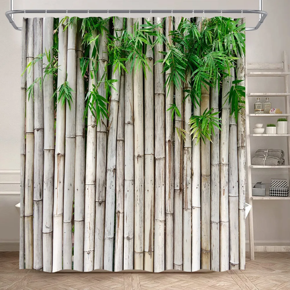 Green Leaves Shower Curtain Vine Plants Leaf Rustic Stone Wall Bamboo Barn Board Polyester Fabric Home Bathroom Curtains Decor