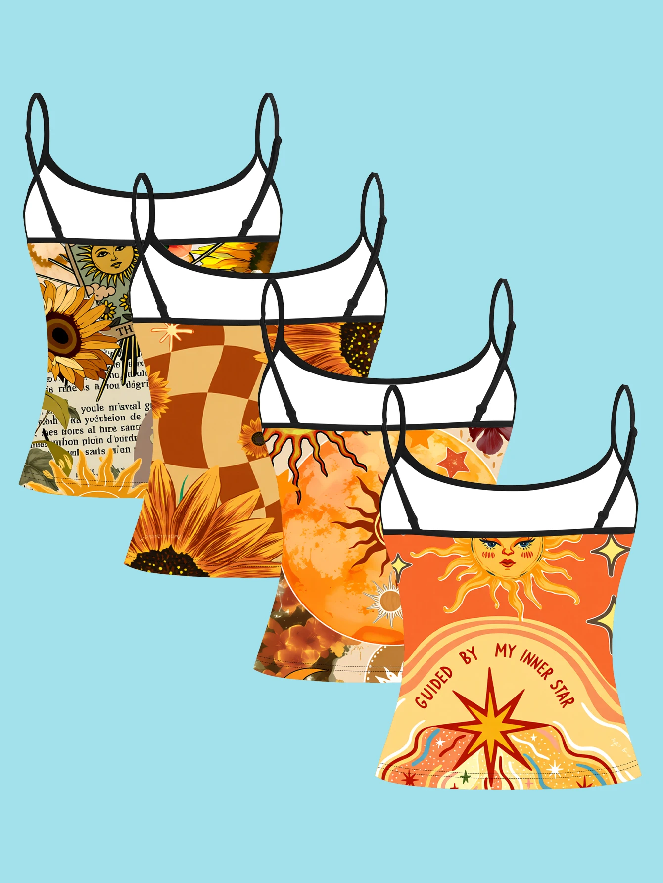 4-Piece Set of Vintage Bohemian Sunflower Sun Print Camisole Tops for Women, Warm Orange Celestial Checkerboard Pattern Slim-Fit Spaghetti Strap Tops