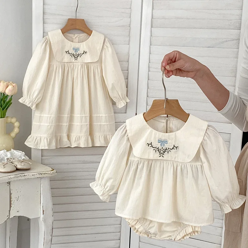 2024 nuove neonate autunnali vestono a maniche lunghe in cotone ricamo neonata abbigliamento vestito sorella vestiti bambini abiti da principessa