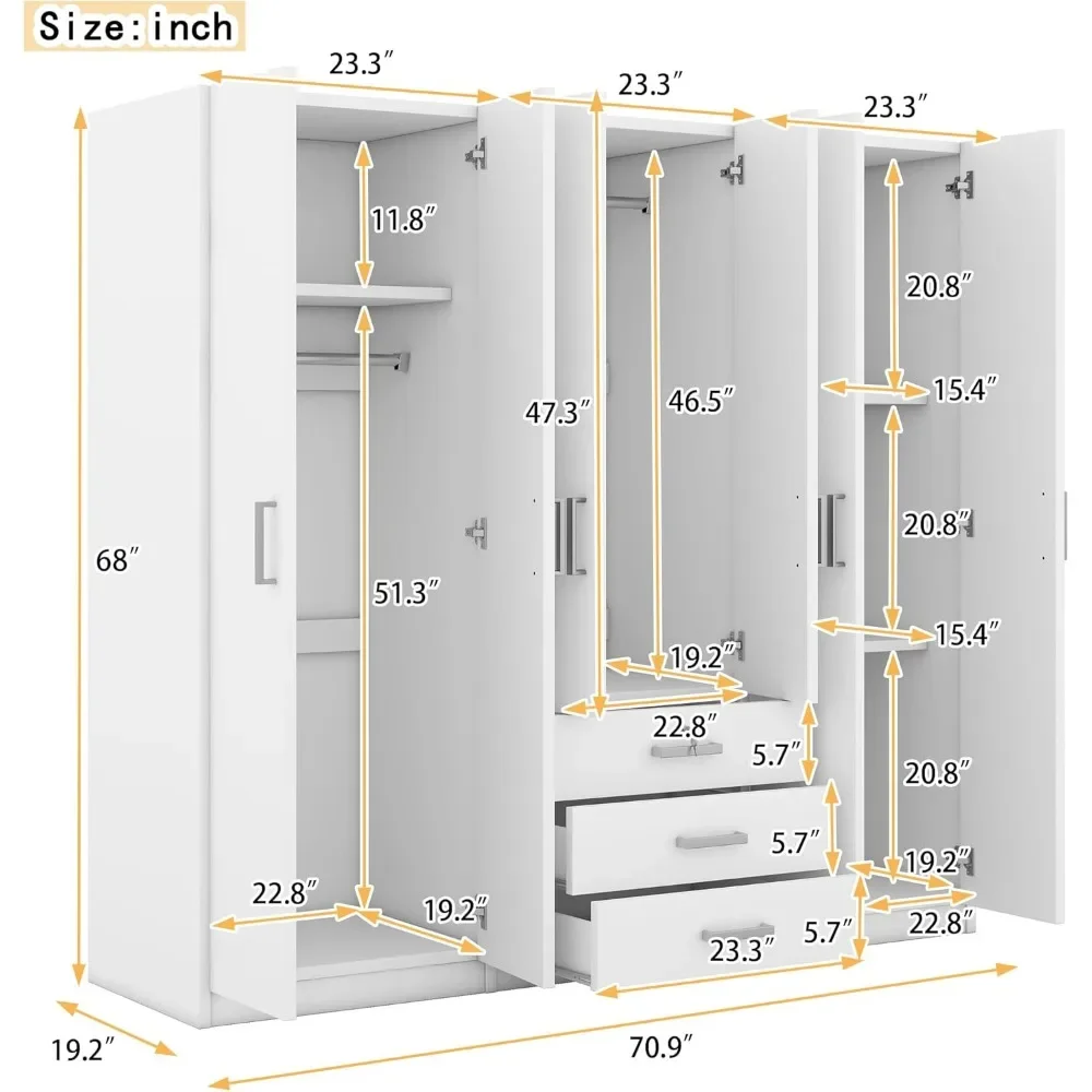 Wooden Wardrobe 6-Doors With Three Storage Shelves And Lockable Drawers, Freestanding High Armoire W/ 3 Hanging Rods,White|