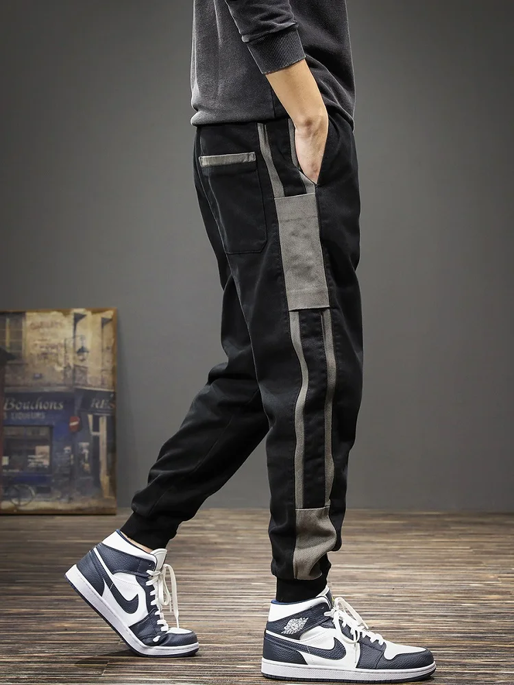 Autumn Fashion Side Stripe Sports Pants Men Black Baggy Casual Cotton Elastic Waist Drawstring Jogging Trousers