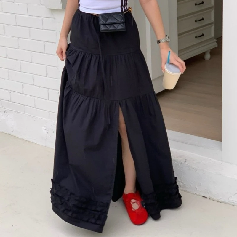 

Matakawa Women Skirts Ruffles Solid Spring Summer Vintage Elegant Faldas Mujer Korean Fashion High Waist Chic Long Skirt