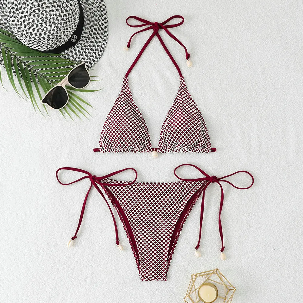 Maillot de bain 2 pièces à grille, ensemble deux pièces, couleur unie, Sexy, col licou, à lacets, dos nu, string, pour la plage, les vacances, nouvelle collection 2025