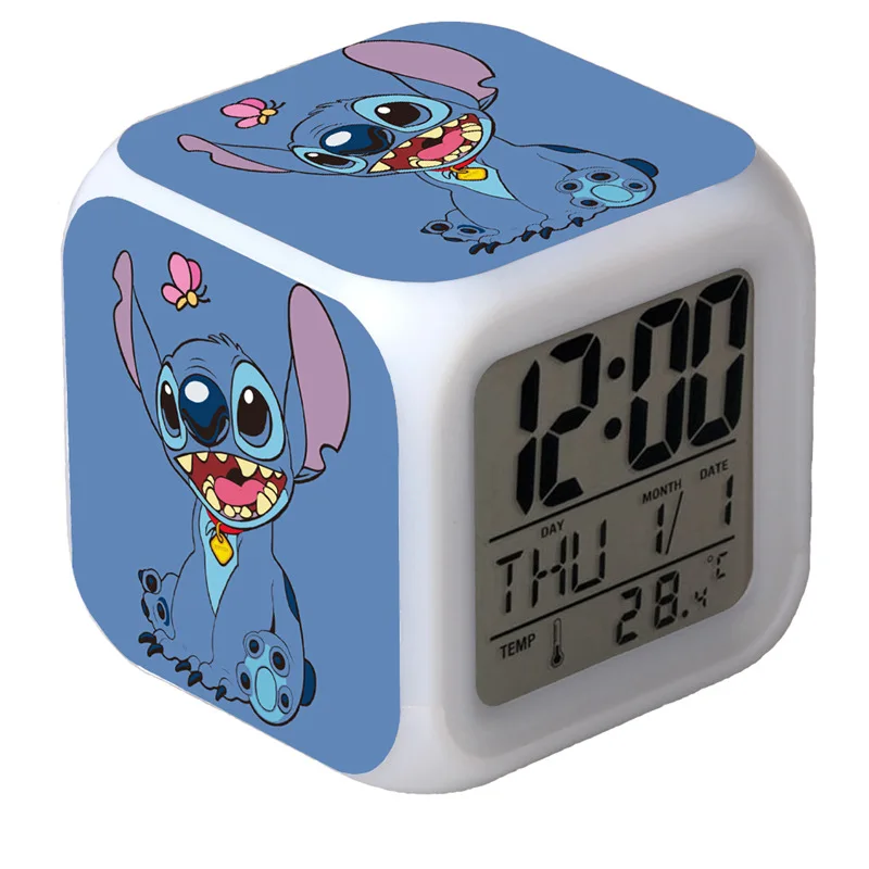 Réveil Disney CAN O & Stitch avec lumières LED, accessoires de dessin animé, décorations de fête, jouets Rick, cadeau pour enfant