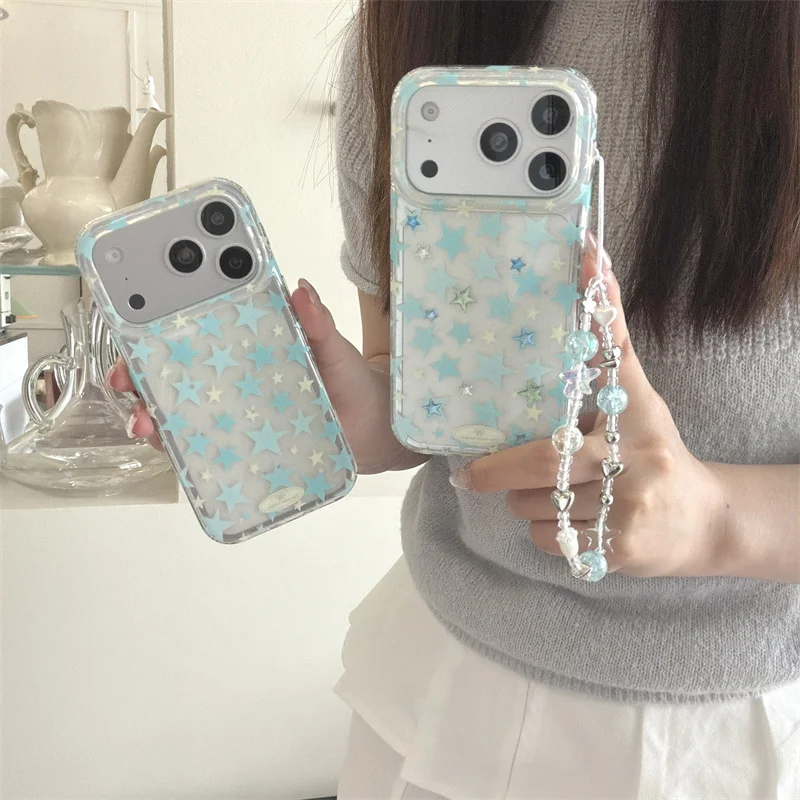 Blue Star Print Clear Phone Case For iPhone 15 16 17 Pro Max With Multicolor Stars Beaded Chain Shockproof Cover iPhone 17 pro c