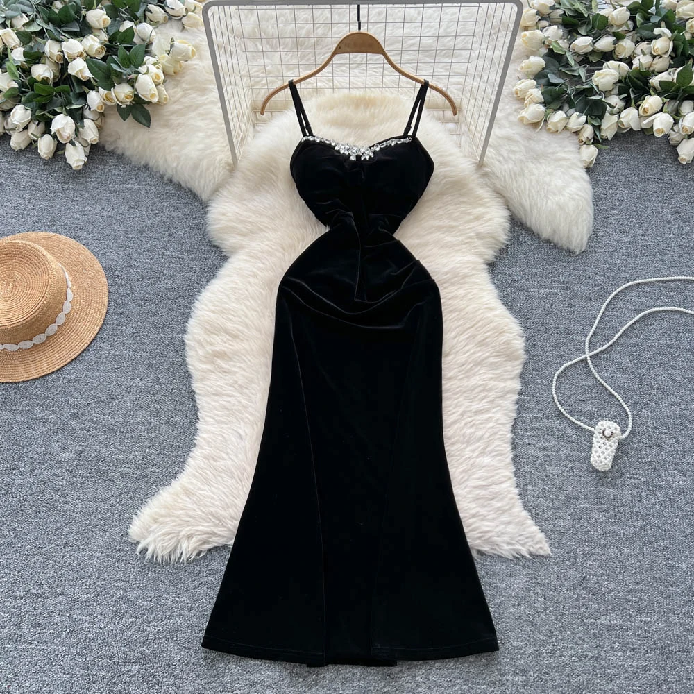 Vintage Elegant sleeveless velour rhinestone dress Ruched korean Fashion Vacation women clothing