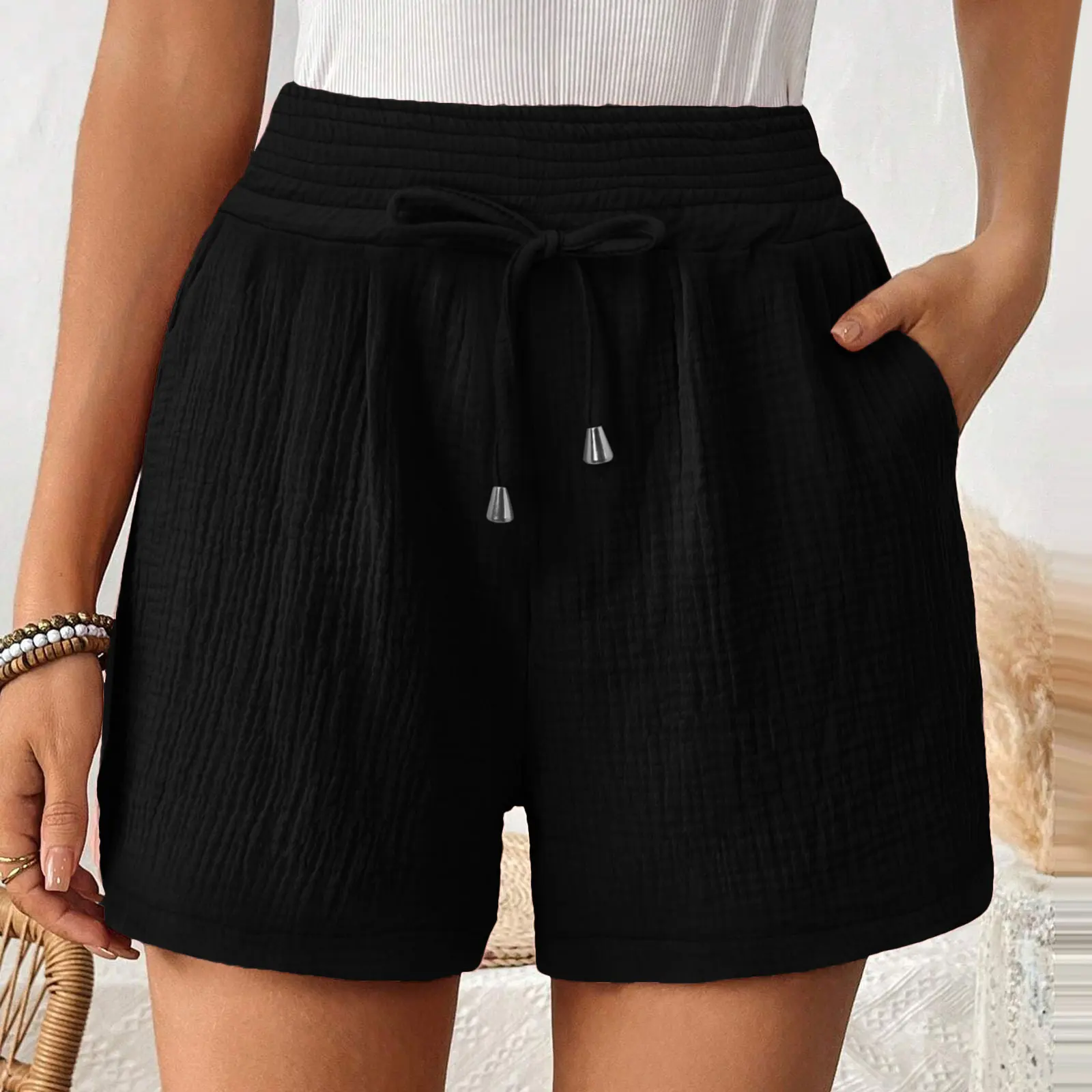 Short de course en coton et lin pour femmes, style fin, décontracté, grande taille, jambes larges, taille haute, pantalon de sport tendance, été