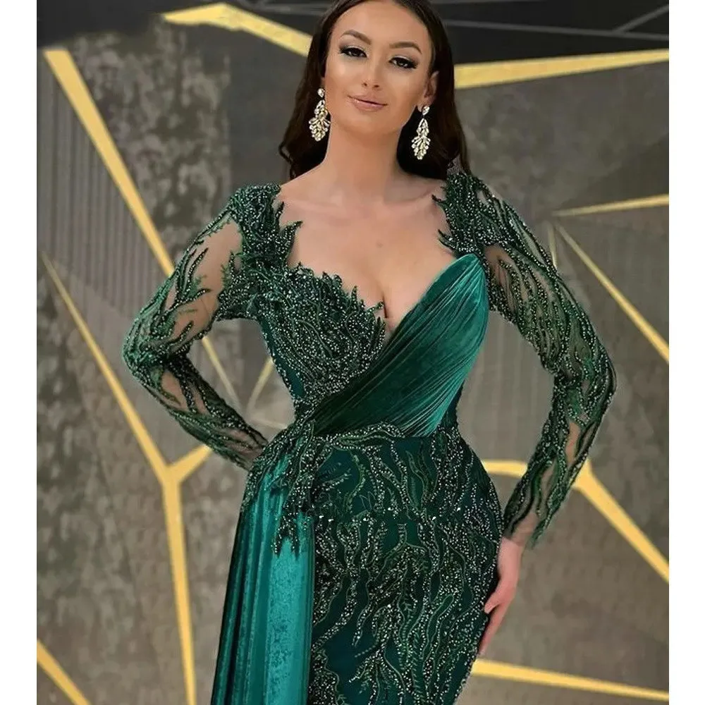 Evening Dresses for Elegant Beautiful luxury lace Emerald Green sequinTrumpet Floor-Length Long Sleeves Draped Party Dresses