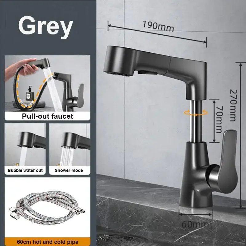 

Pull Out Lift Bathroom Faucet 360°Rotatable Dual Spray Modes Basin Faucet Stainless Steel Kitchen Sink Hot Cold Faucet with hose