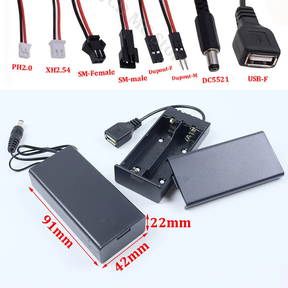 18650 Battery Storage Case PH2.0/XH2.54/SM/DuPont /DC/USB Plug for 2x18650 Batteries Holder Box Container With Switch & Cover